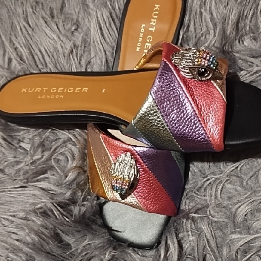 Kurt Geiger Multicolor Metallic Leather Slide Mules with Jewel Accent - Picture 4 of 9